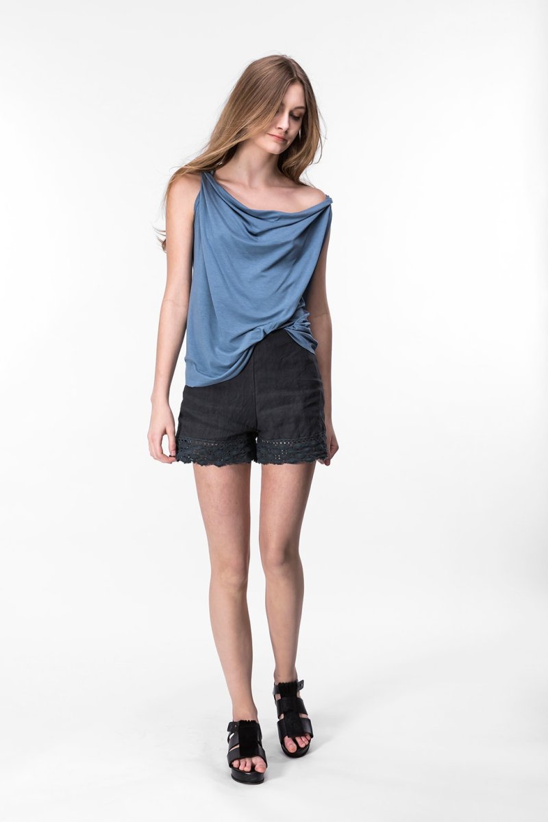 Top bleu pétrole col drapé bénitier en jersey de viscose pour femme PARISA – Image 3