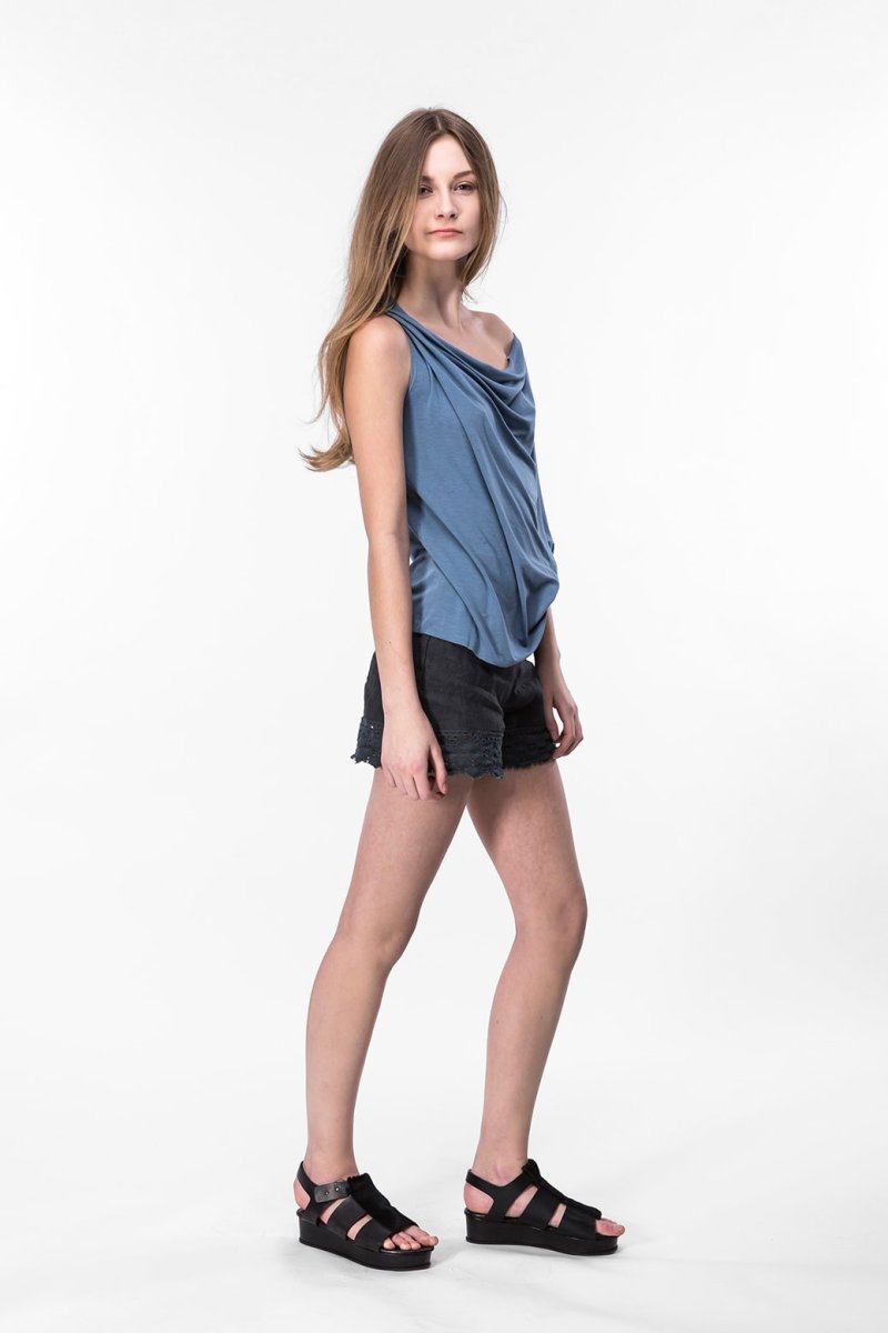 Top bleu pétrole col drapé bénitier en jersey de viscose pour femme PARISA – Image 4