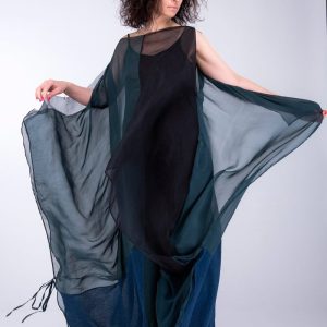 Robe Djellaba bleu canard en soie et coton bio MONSUN