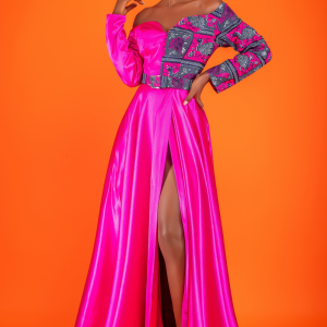 Robe en pagne et tissu satiné