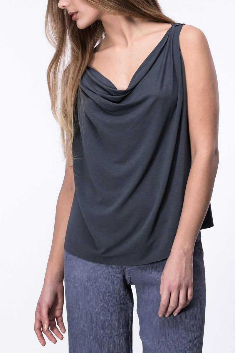 Top bleu pétrole col drapé bénitier en jersey de viscose pour femme PARISA – Image 6