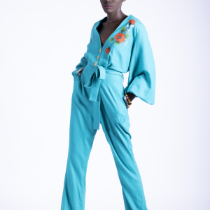 Ensemble haut et pantalon en lin avec dessin en motifs fleurs