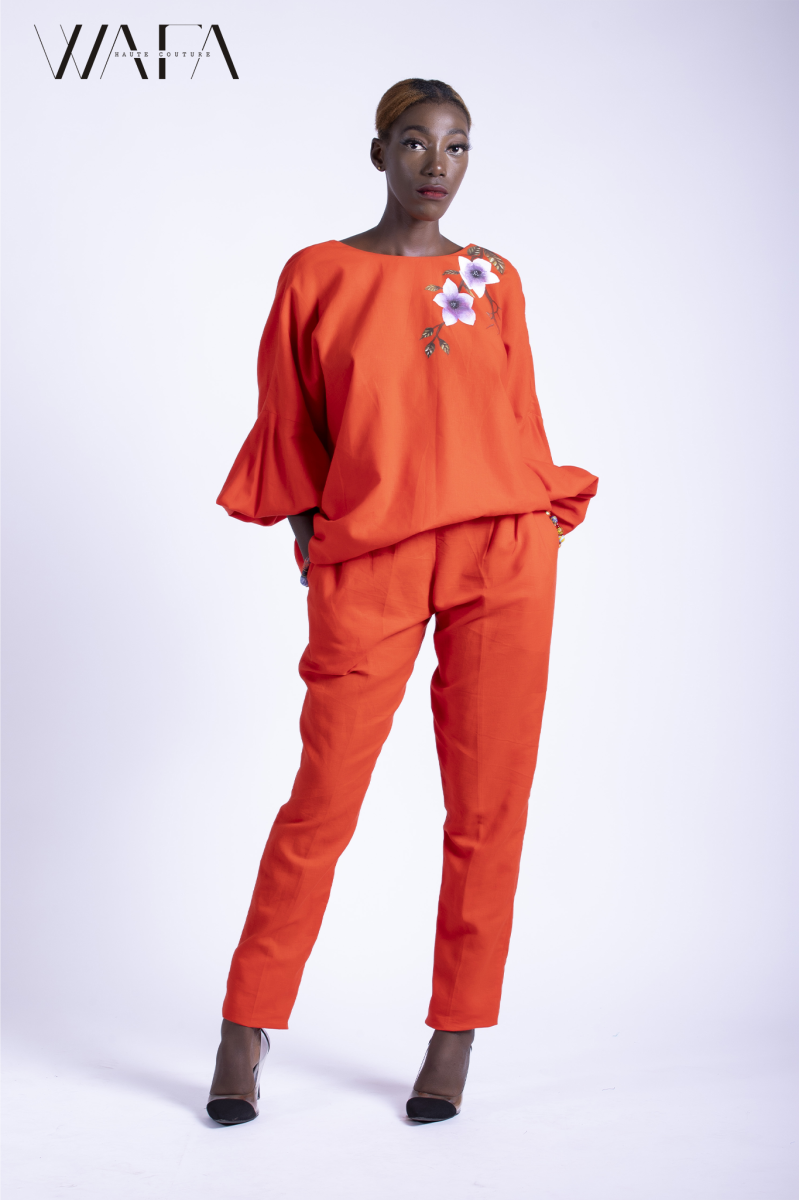 Ensemble haut e pantalon orange en lin – Image 2