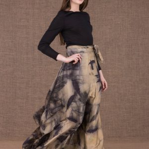Beige black long printed satin silk skirt AIA