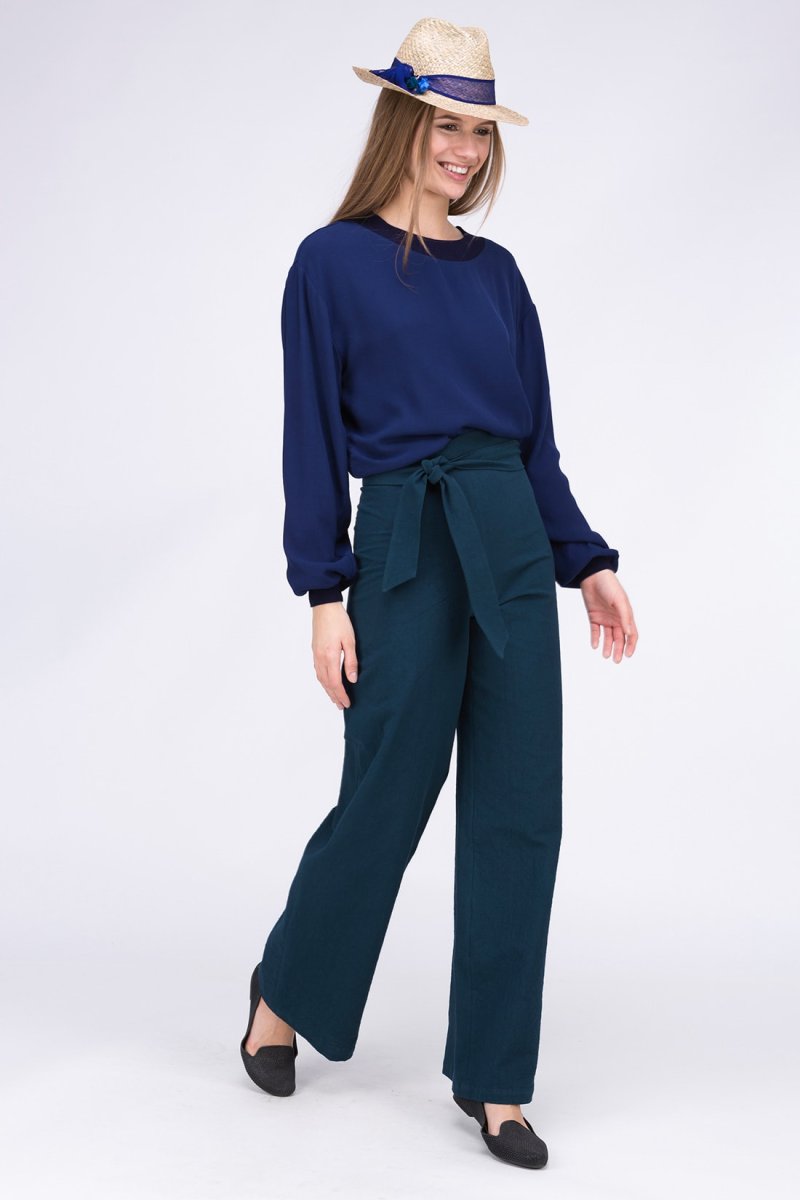 Peacock blue large organic cotton trousers for women ATRIA