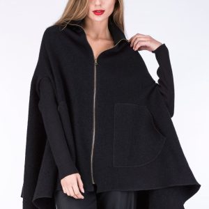 Cape noire courte pour femme en laine bouillie DAVID