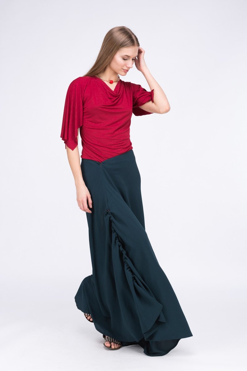 Red draped cowl neck three quarter sleeve viscose jersey top for women EPI – Image 4