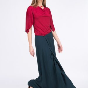 Red draped cowl neck three quarter sleeve viscose jersey top for women EPI