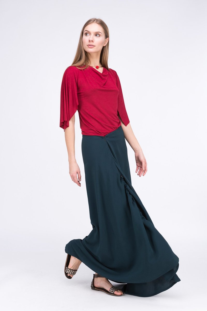Red draped cowl neck three quarter sleeve viscose jersey top for women EPI – Image 2
