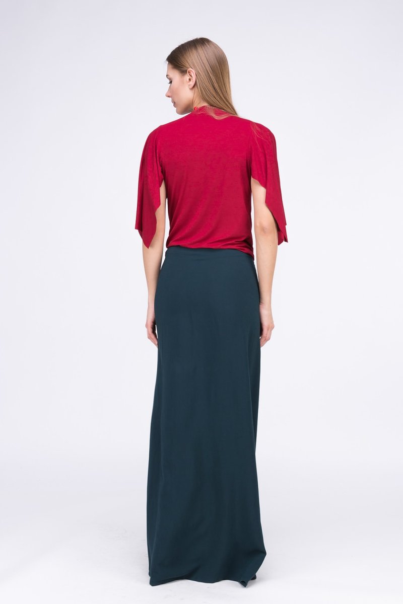 Red draped cowl neck three quarter sleeve viscose jersey top for women EPI – Image 6