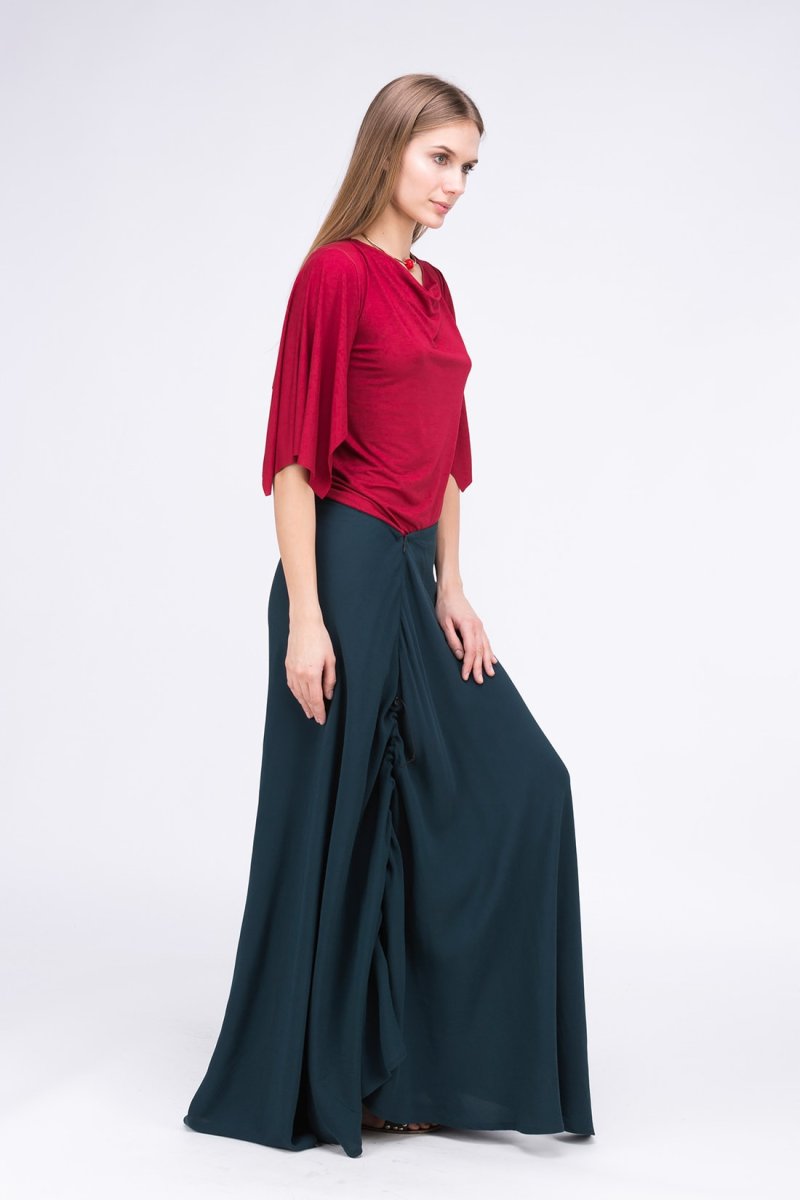 Red draped cowl neck three quarter sleeve viscose jersey top for women EPI – Image 5