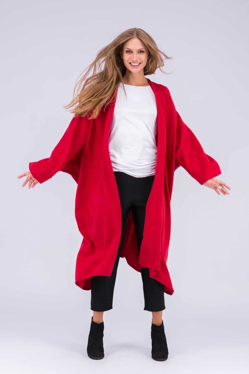 Coral red large wool kimono coat for women MIMAS – Image 4