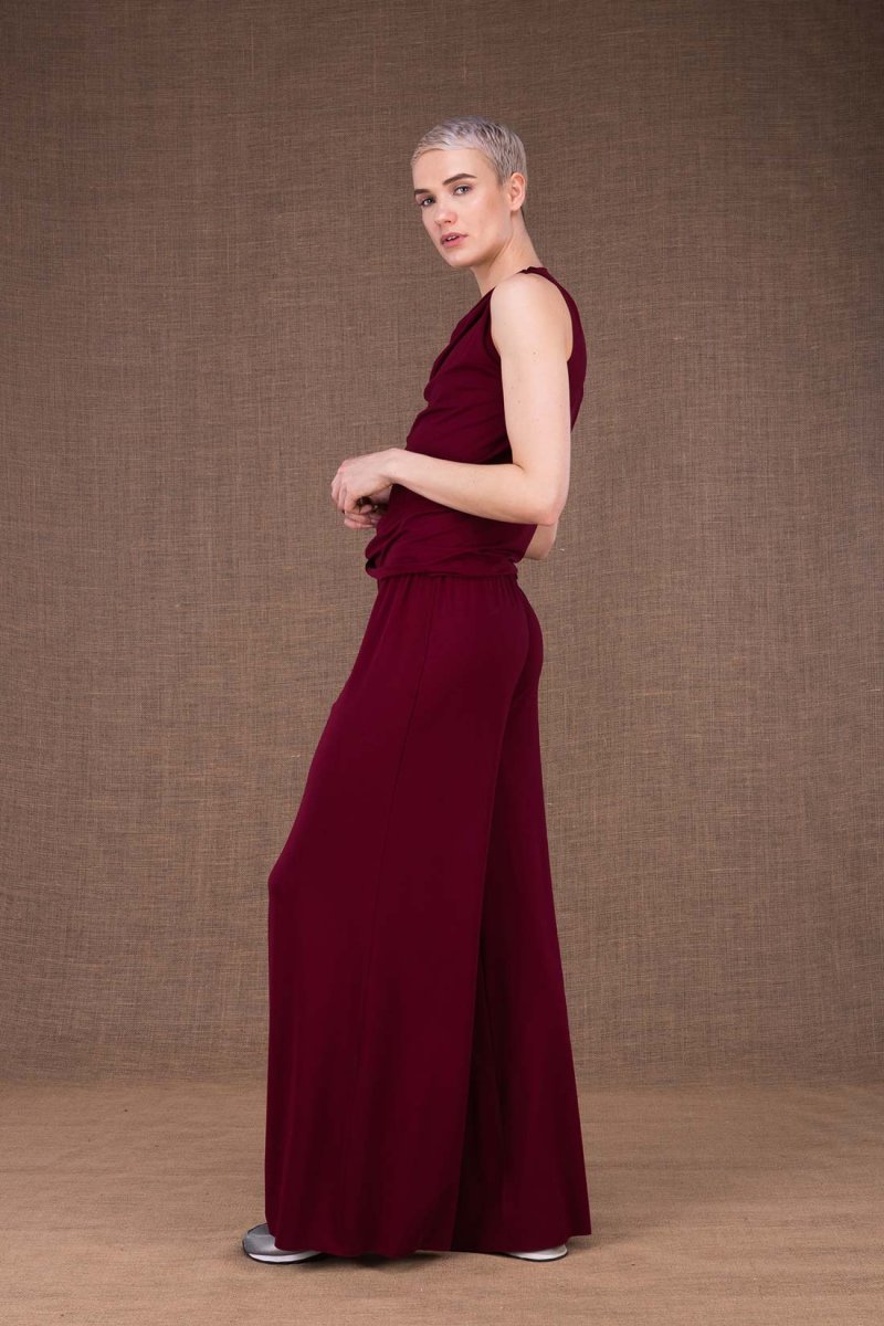 Burgundy large viscose jersey trousers for women ANANAS