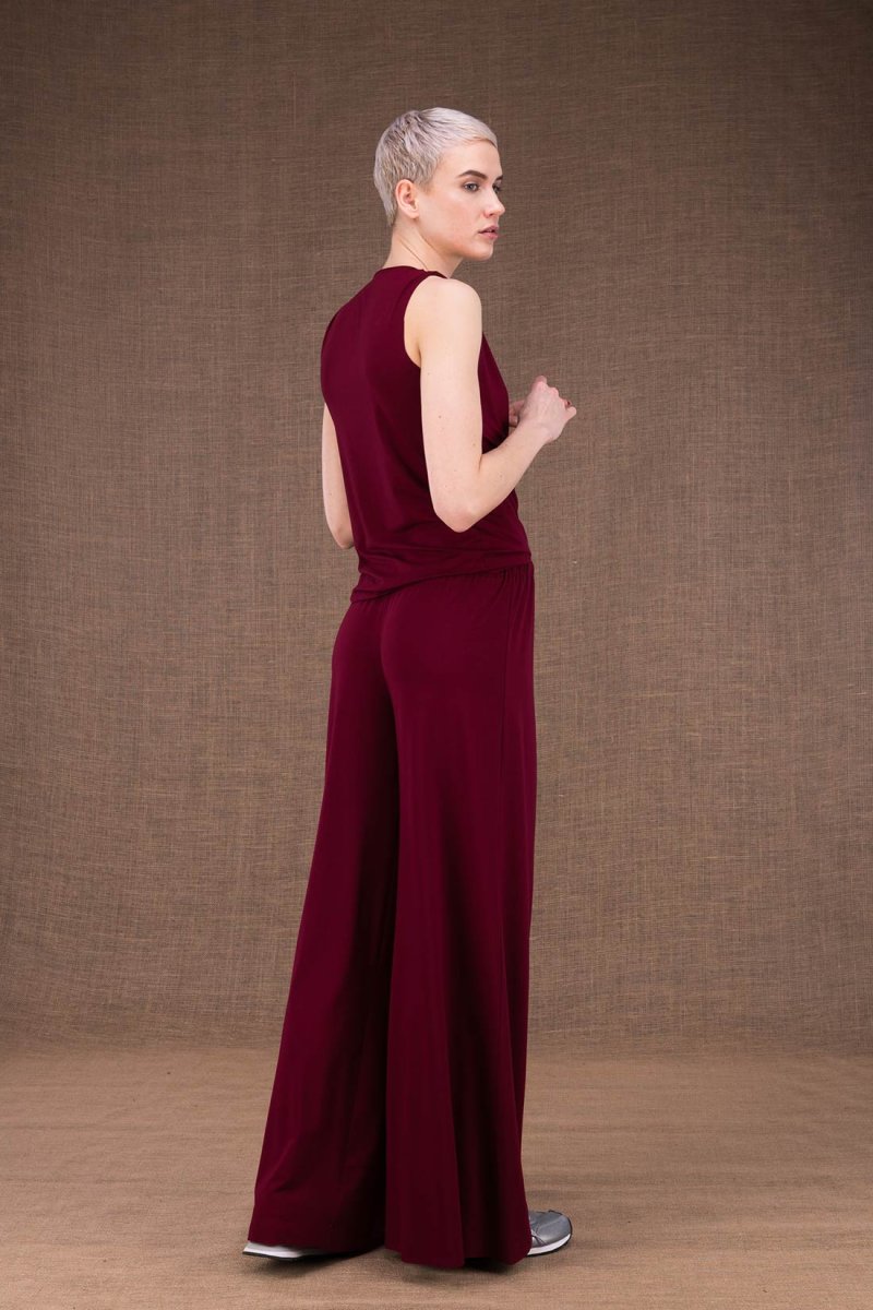 Burgundy large viscose jersey trousers for women ANANAS – Image 5