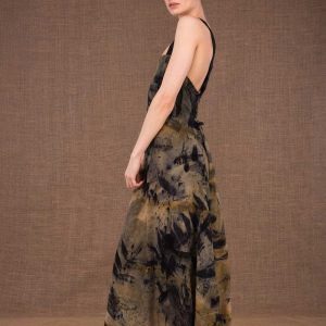 Robe longue kaki dos nu évasée en coton bio imprimé ARALIAS