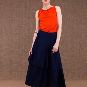 Jupe portefeuille bleu marine longue évasée en coton bio ARIAL