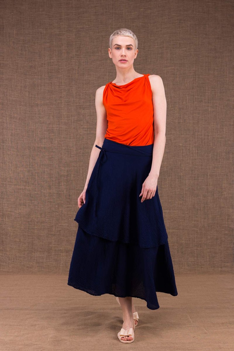 Jupe portefeuille bleu marine longue évasée en coton bio ARIAL – Image 2