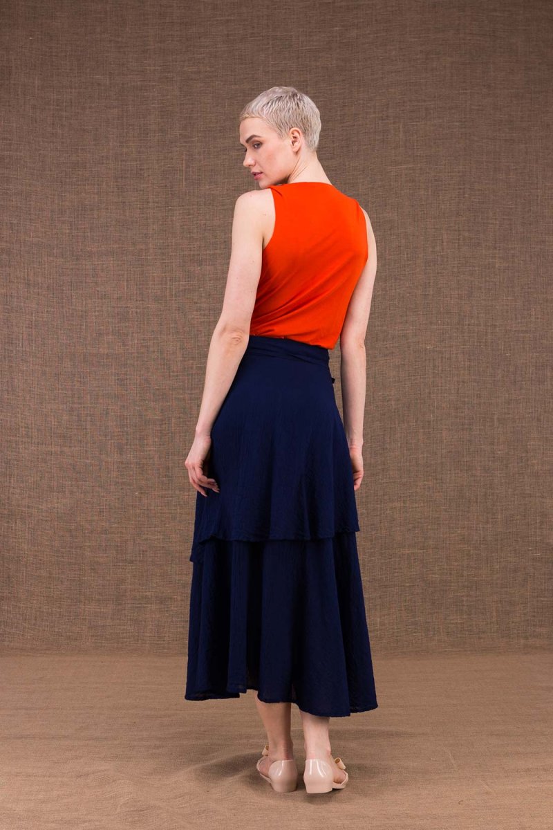 Jupe portefeuille bleu marine longue évasée en coton bio ARIAL – Image 4
