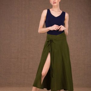 Jupe portefeuille kaki longue évasée en coton bio ARIAL
