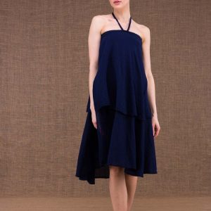 Robe portefeuille bleu marine mi-longue évasée en coton bio ARIAL