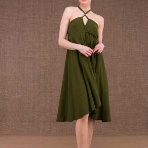 Khaki midi flared organic cotton wrap dress ARIAL