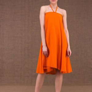 Robe portefeuille orange mi-longue évasée en coton bio ARIAL
