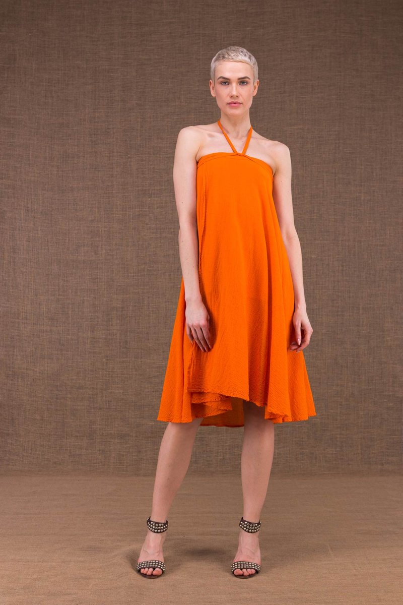 Robe portefeuille orange mi-longue évasée en coton bio ARIAL