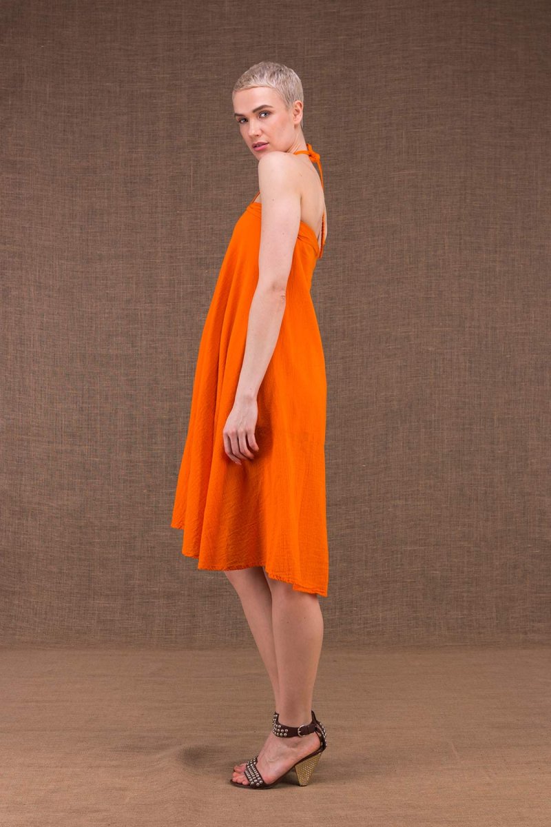 Robe portefeuille orange mi-longue évasée en coton bio ARIAL – Image 3