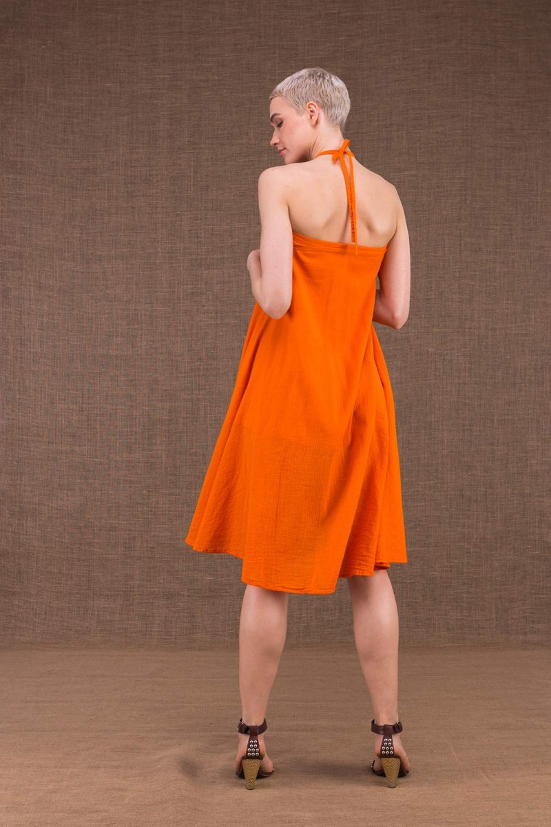 Robe portefeuille orange mi-longue évasée en coton bio ARIAL – Image 4
