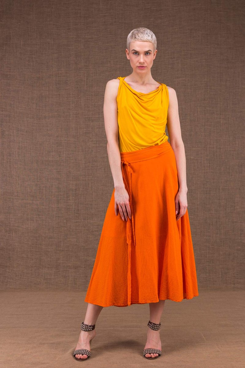 Robe portefeuille orange mi-longue évasée en coton bio ARIAL – Image 5