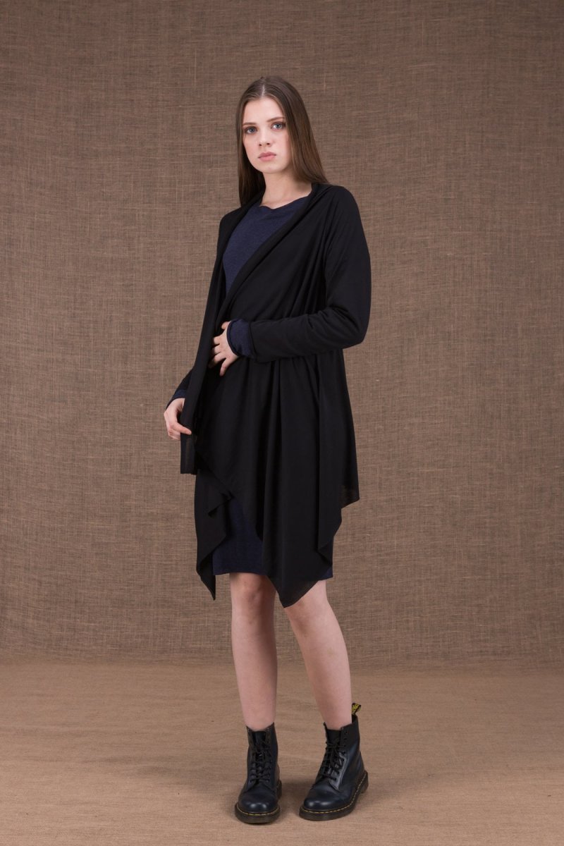 Black asymmetric boiled wool cardigan for women ARNO