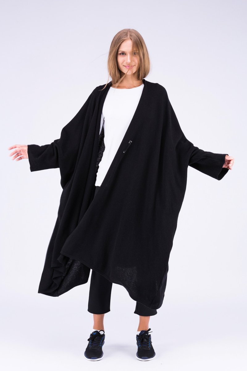 Manteau kimono noir large pour femme en laine MIMAS – Image 3