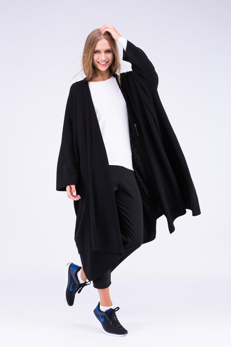 Manteau kimono noir large pour femme en laine MIMAS – Image 4