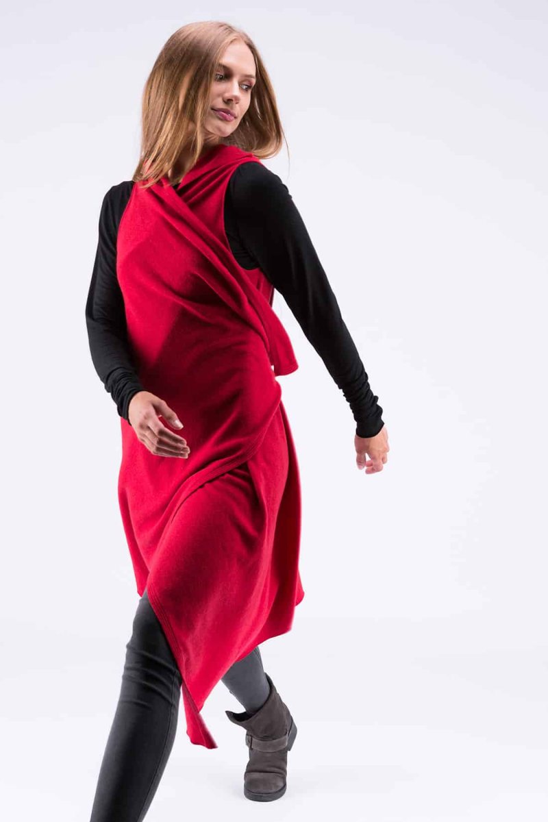 Coral red long wool cardigan for women NUUK