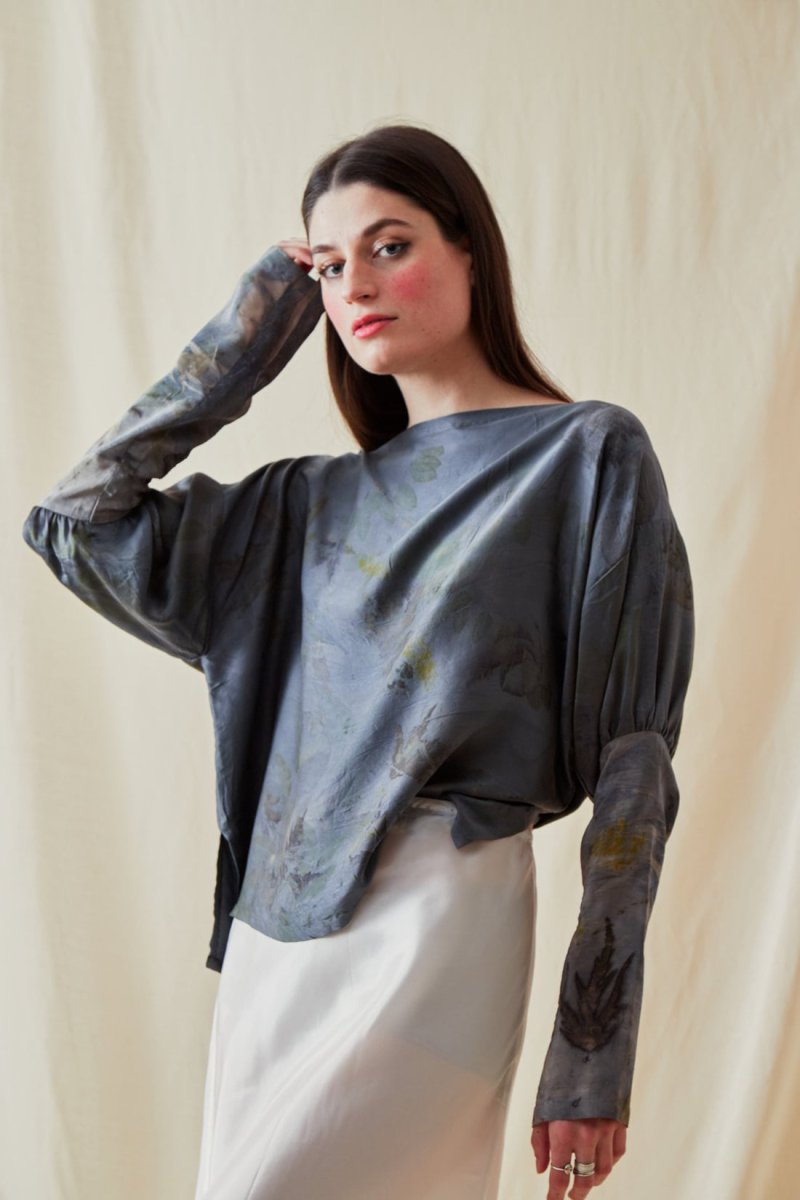 Petrol blue printed silk satin blouse HELOISE – Image 3