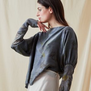 Petrol blue printed silk satin blouse HELOISE
