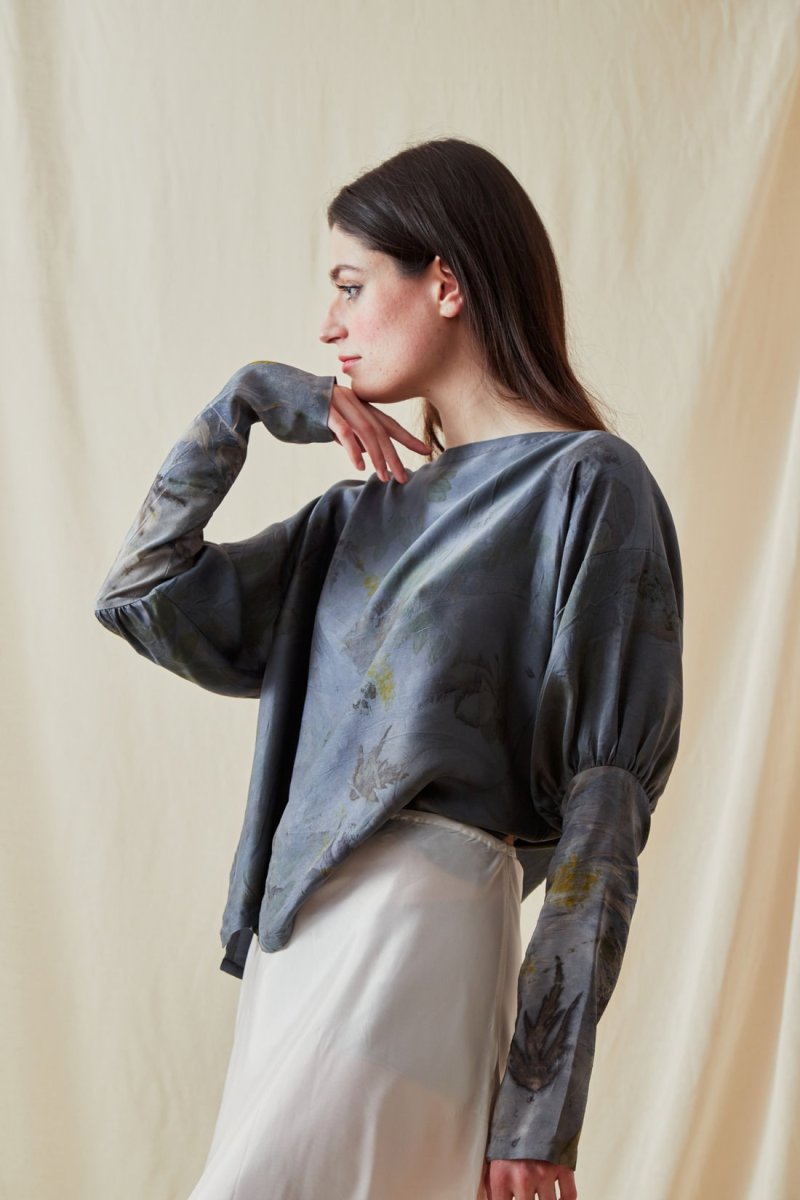 Petrol blue printed silk satin blouse HELOISE – Image 2
