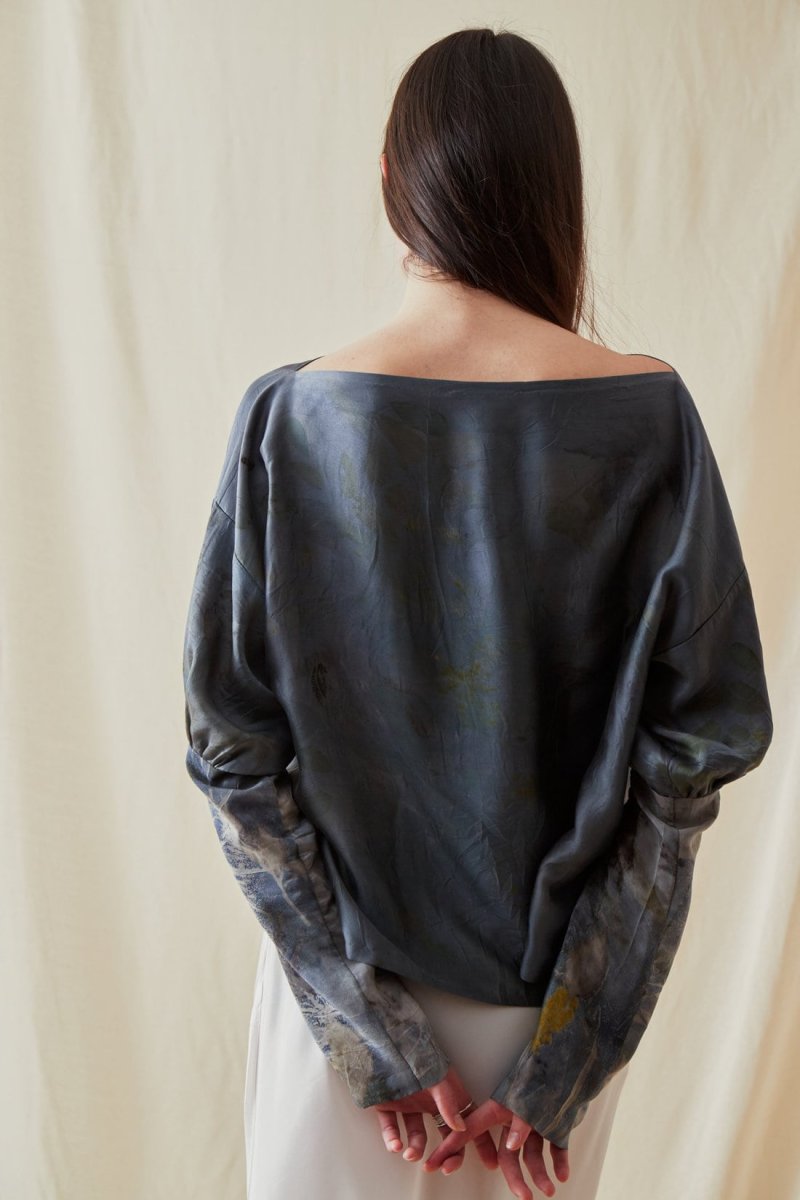 Petrol blue printed silk satin blouse HELOISE – Image 5
