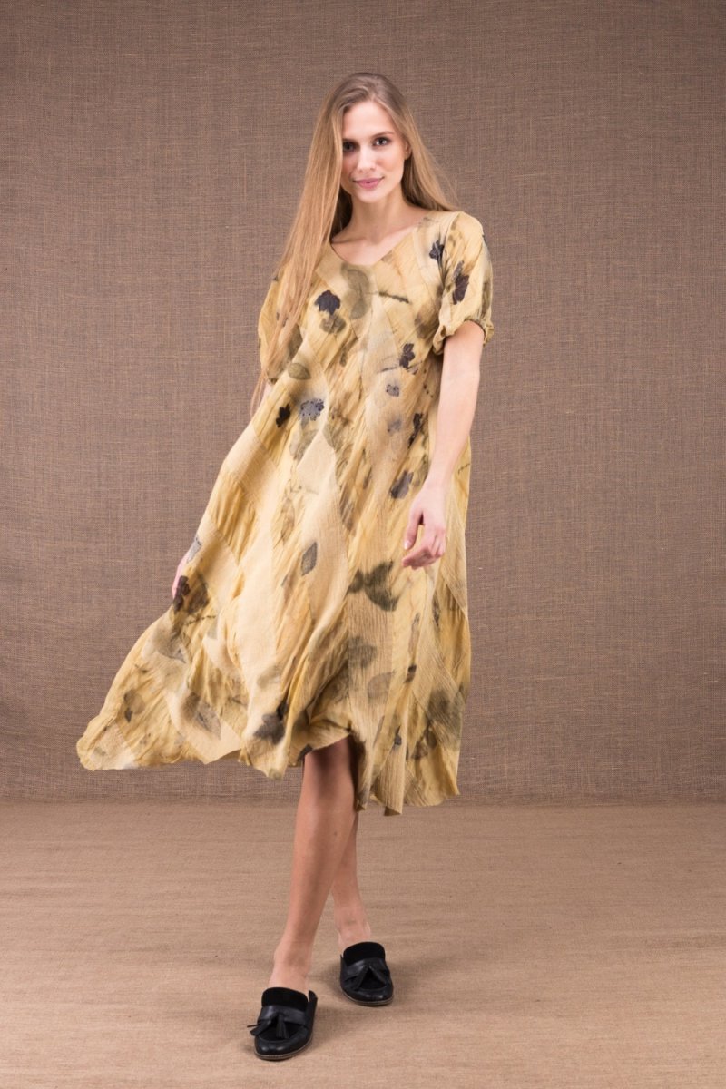 Beige midi flared printed organic cotton and silk dress CATALPA – Image 2