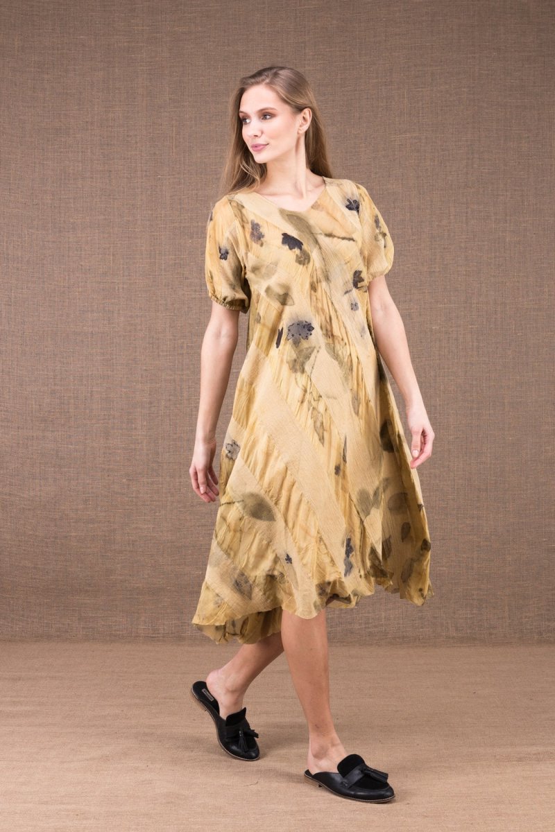 Beige midi flared printed organic cotton and silk dress CATALPA – Image 3