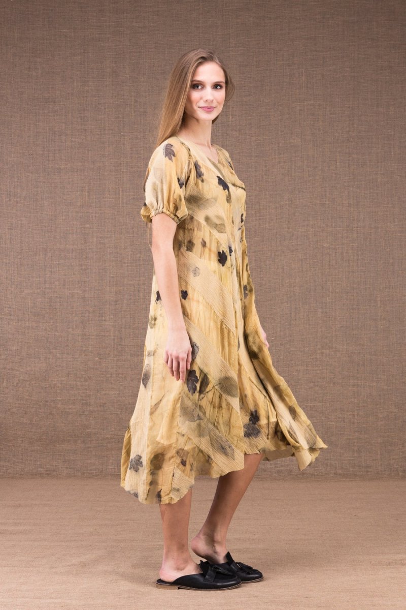 Beige midi flared printed organic cotton and silk dress CATALPA – Image 5