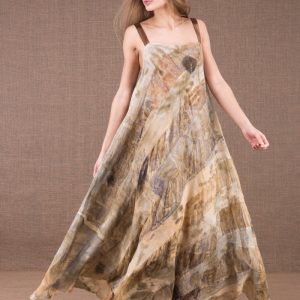 Robe beige longue évasée en soie et coton bio imprimé CLARA