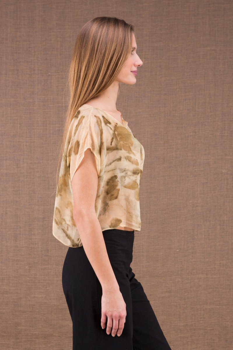 Beige draped cowl neck silk printed top for women CUMULUS – Image 4