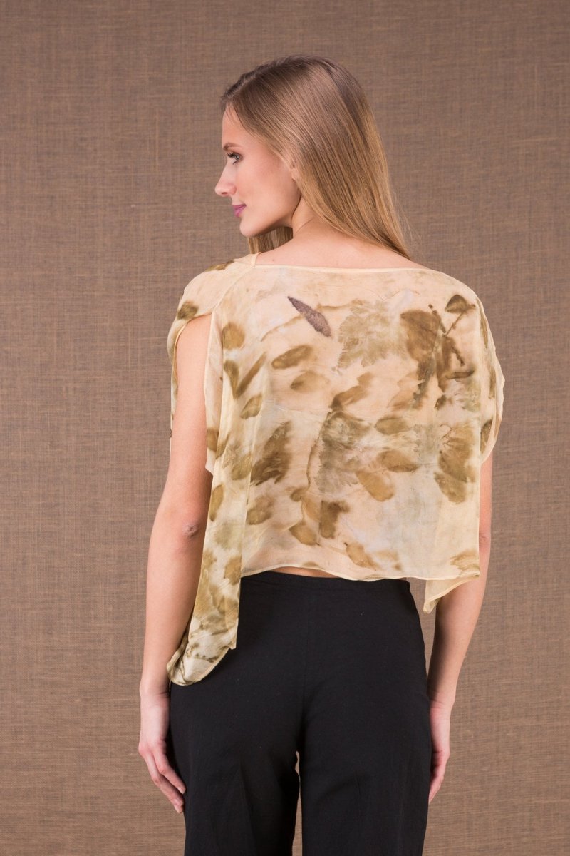 Beige draped cowl neck silk printed top for women CUMULUS – Image 5