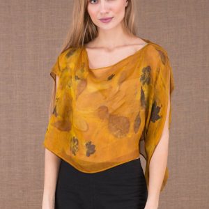 Dark yellow draped cowl neck printed silk chiffon top for women CUMULUS