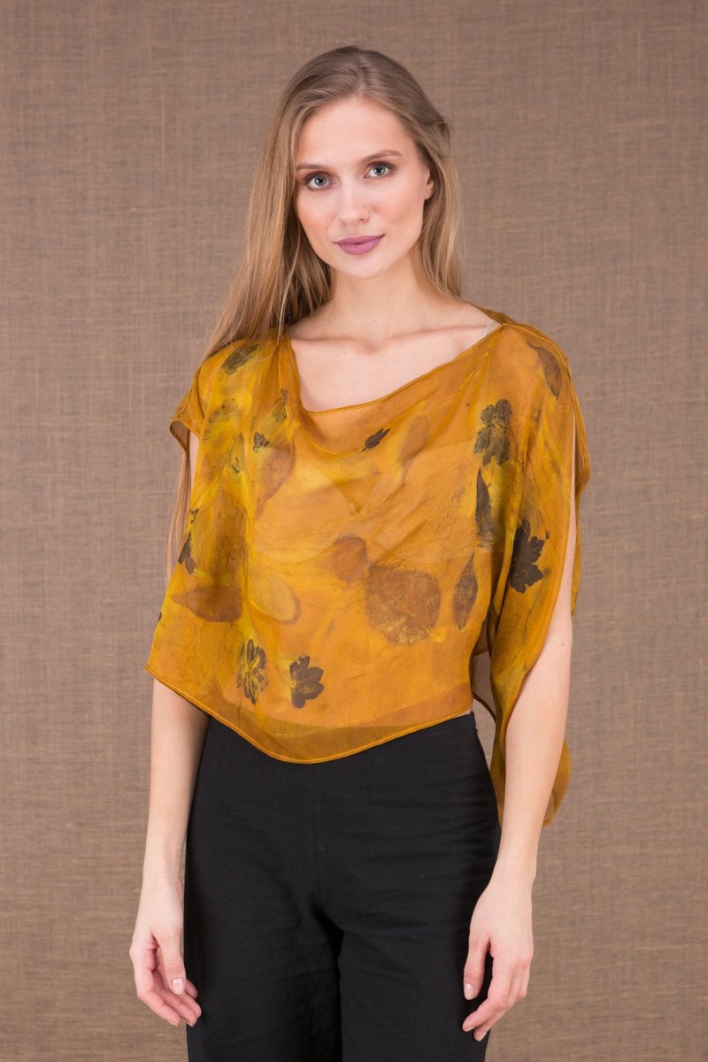 Dark yellow draped cowl neck printed silk chiffon top for women CUMULUS