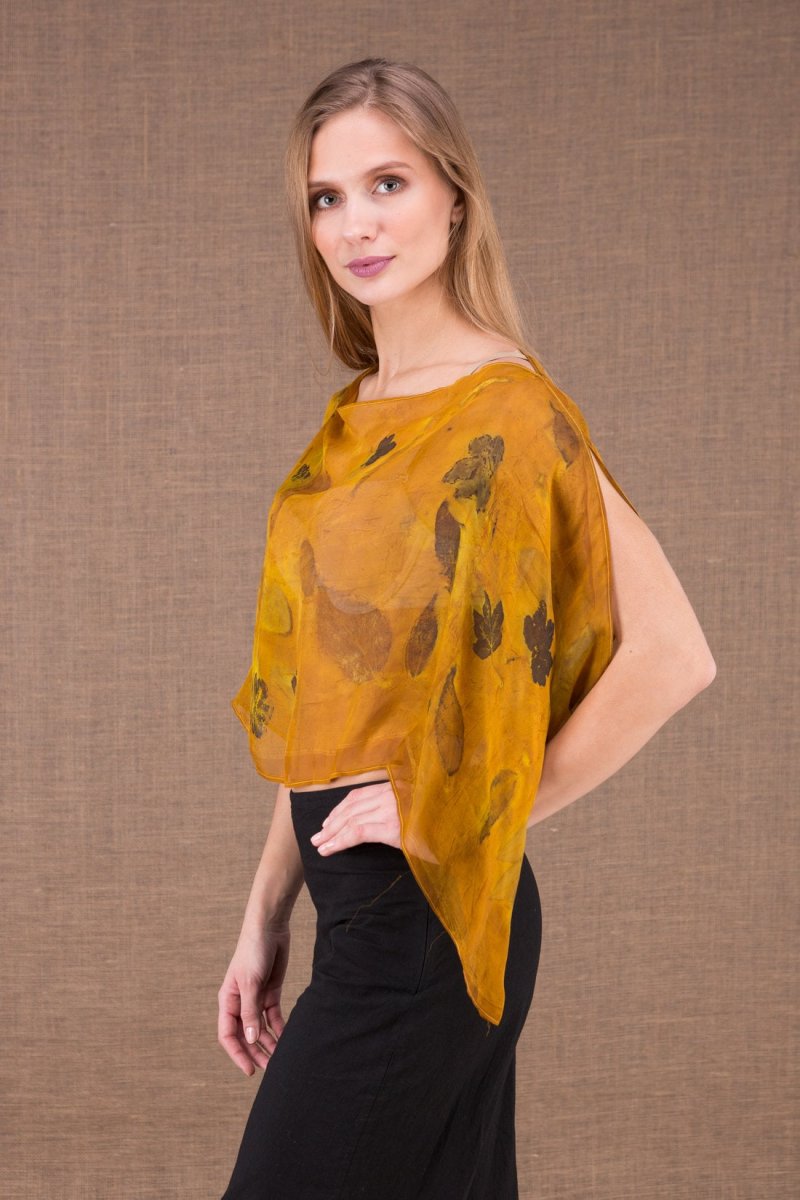 Dark yellow draped cowl neck printed silk chiffon top for women CUMULUS – Image 3