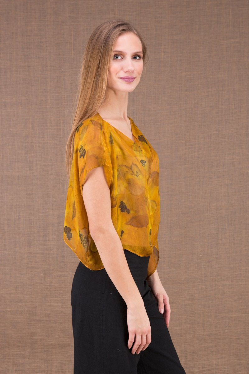 Dark yellow draped cowl neck printed silk chiffon top for women CUMULUS – Image 4
