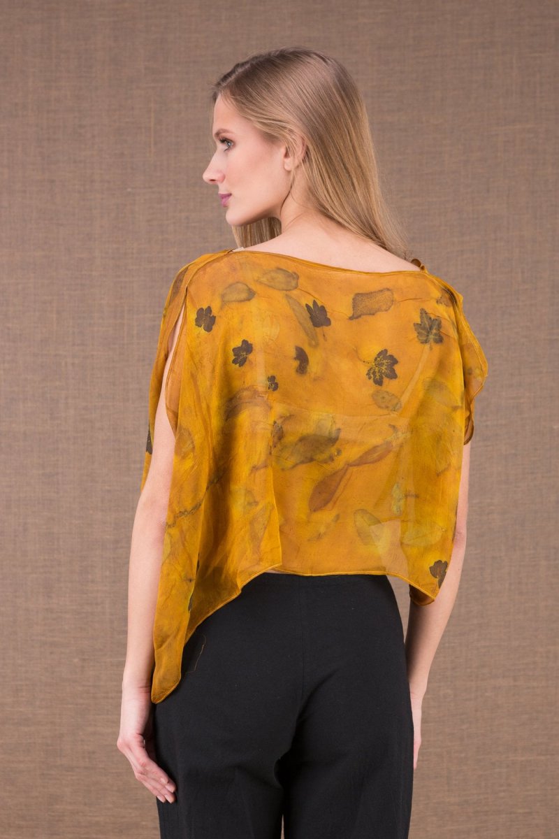 Dark yellow draped cowl neck printed silk chiffon top for women CUMULUS – Image 5