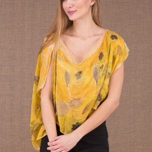 Top jaune col drapé bénitier en mousseline de soie imprimée pour femme CUMULUS
